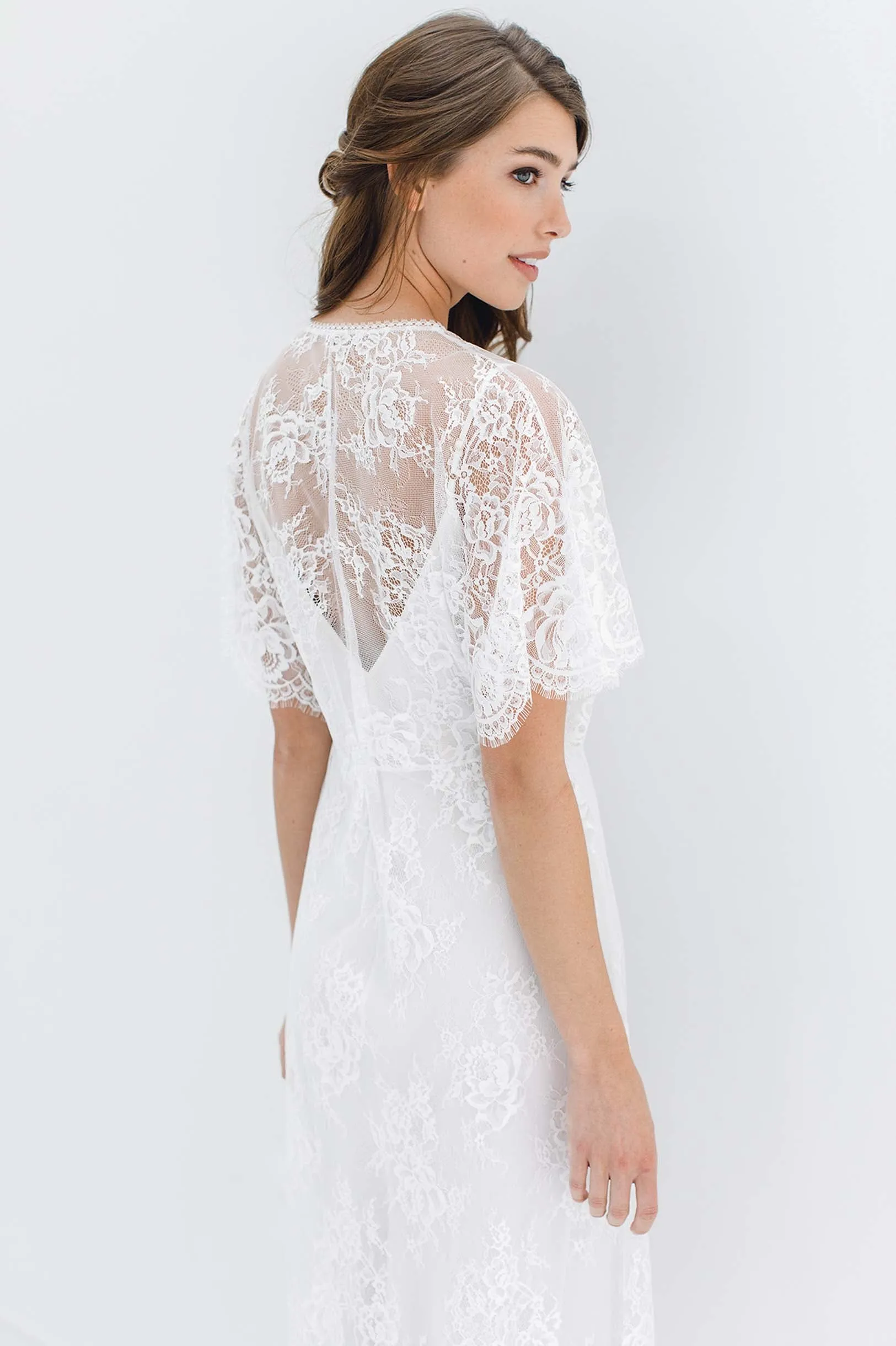 Anita Midi lace robe with flutter kimono sleeves in Black