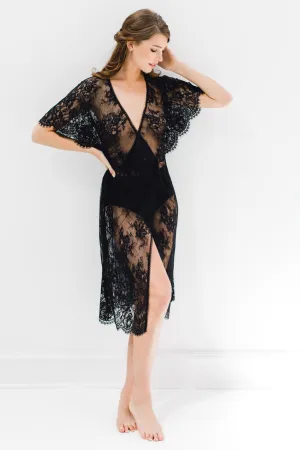 Anita Midi lace robe with flutter kimono sleeves in Black