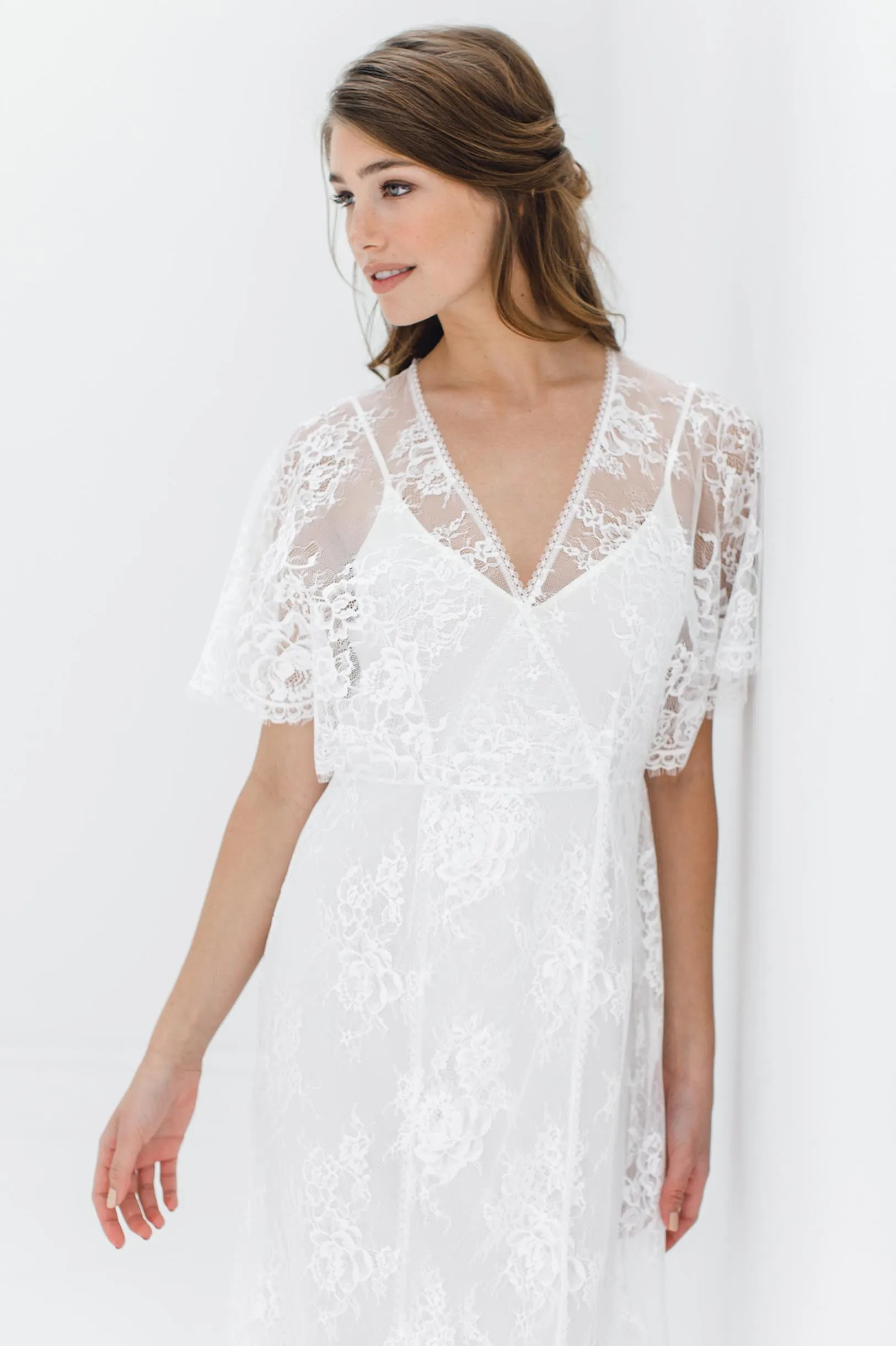 Anita Midi lace robe with flutter kimono sleeves in Black