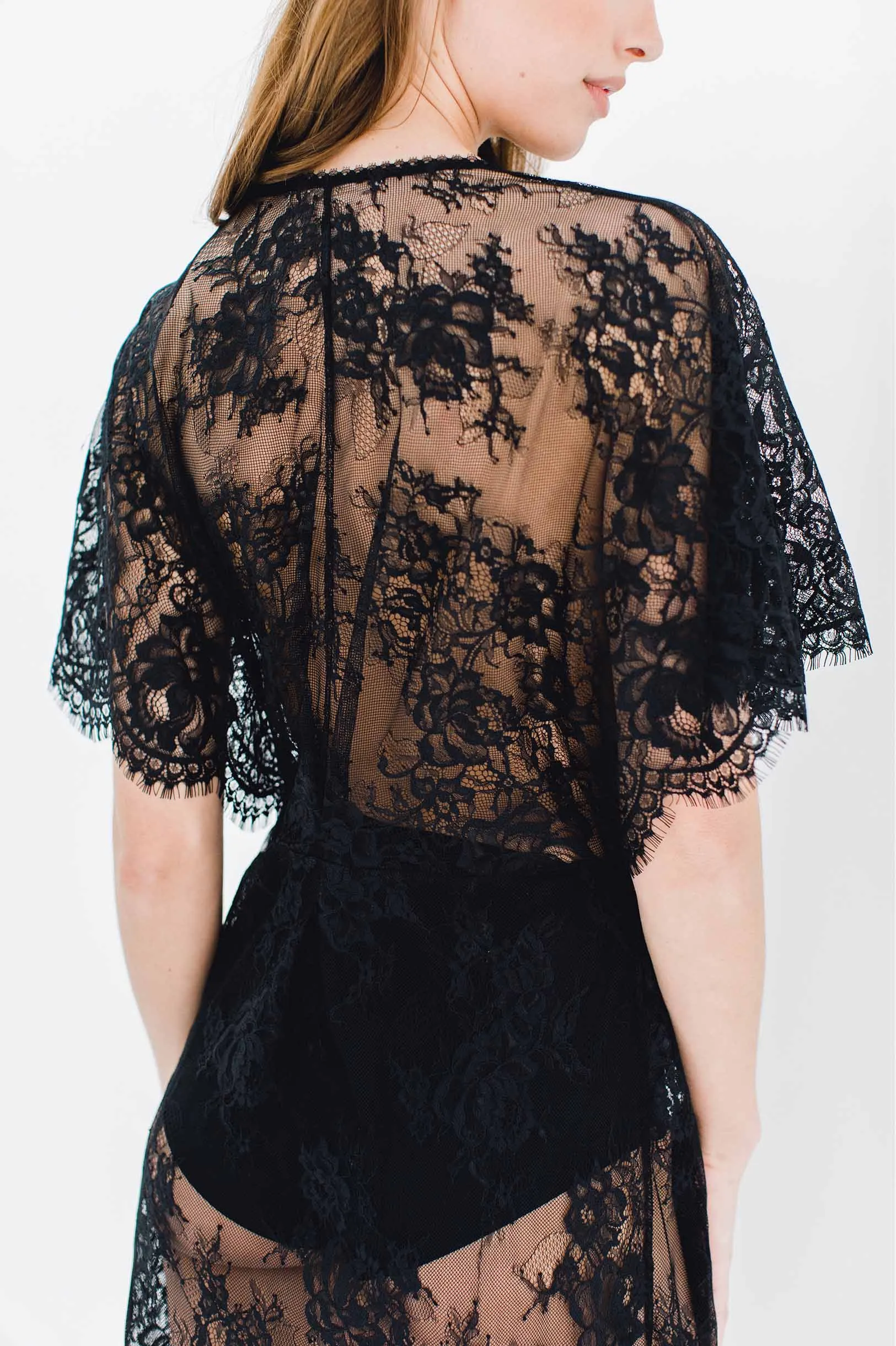 Anita Midi lace robe with flutter kimono sleeves in Black