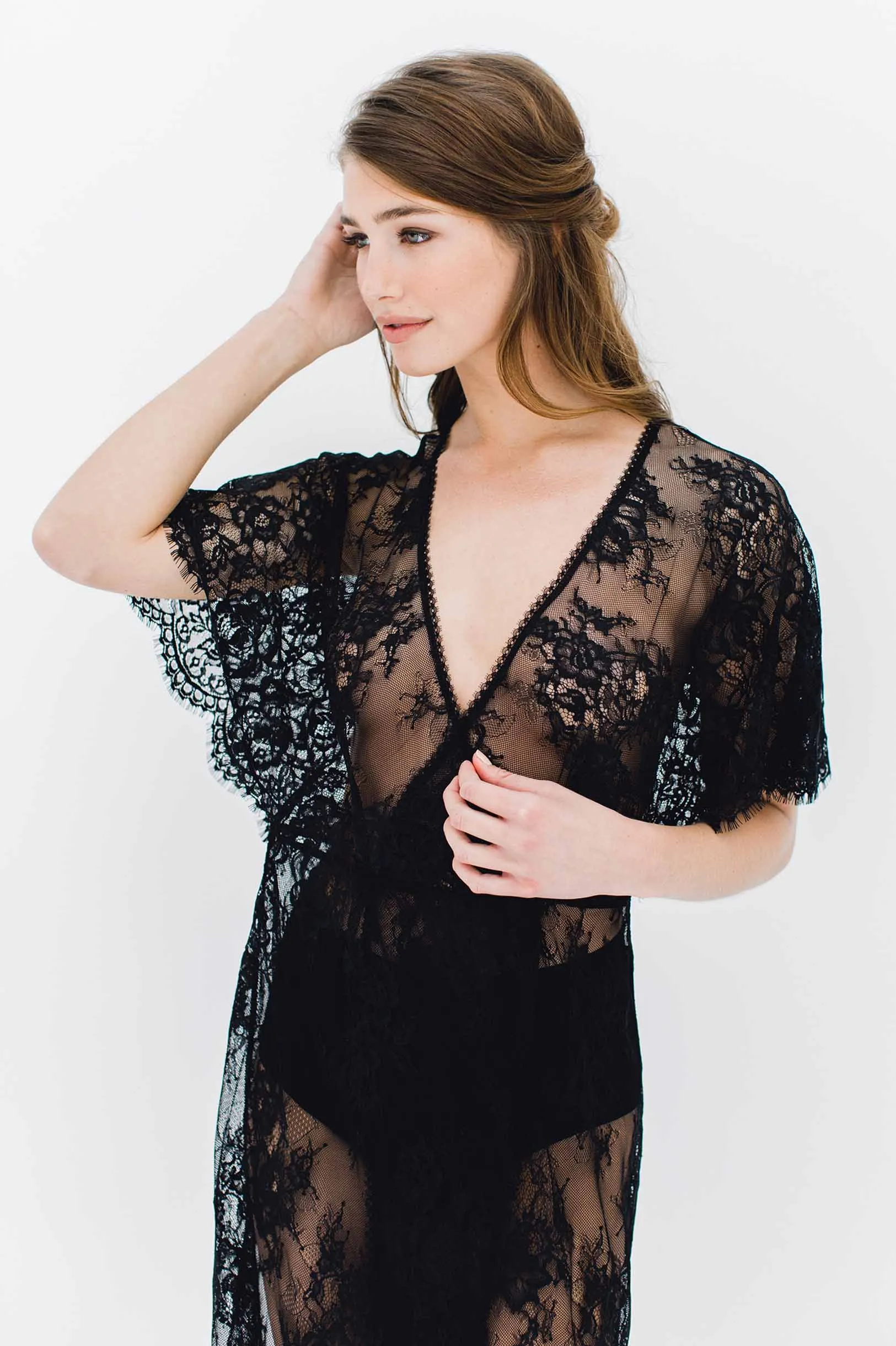 Anita Midi lace robe with flutter kimono sleeves in Black