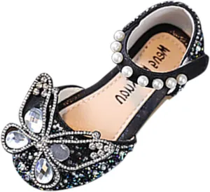 Baby Girls Princess Sandals Kids Girls Butterfly Glitter Low Heel Flats Children Teens Rhinestone Pearl Casual Shoes