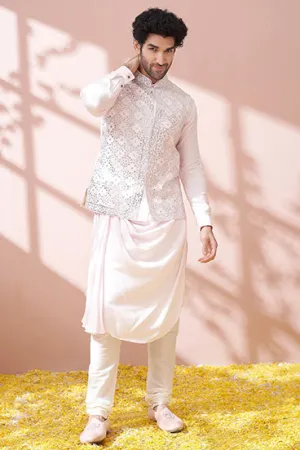 Blush Pink Cowl Kurta Set With Embellished Bandi Jacket Set
