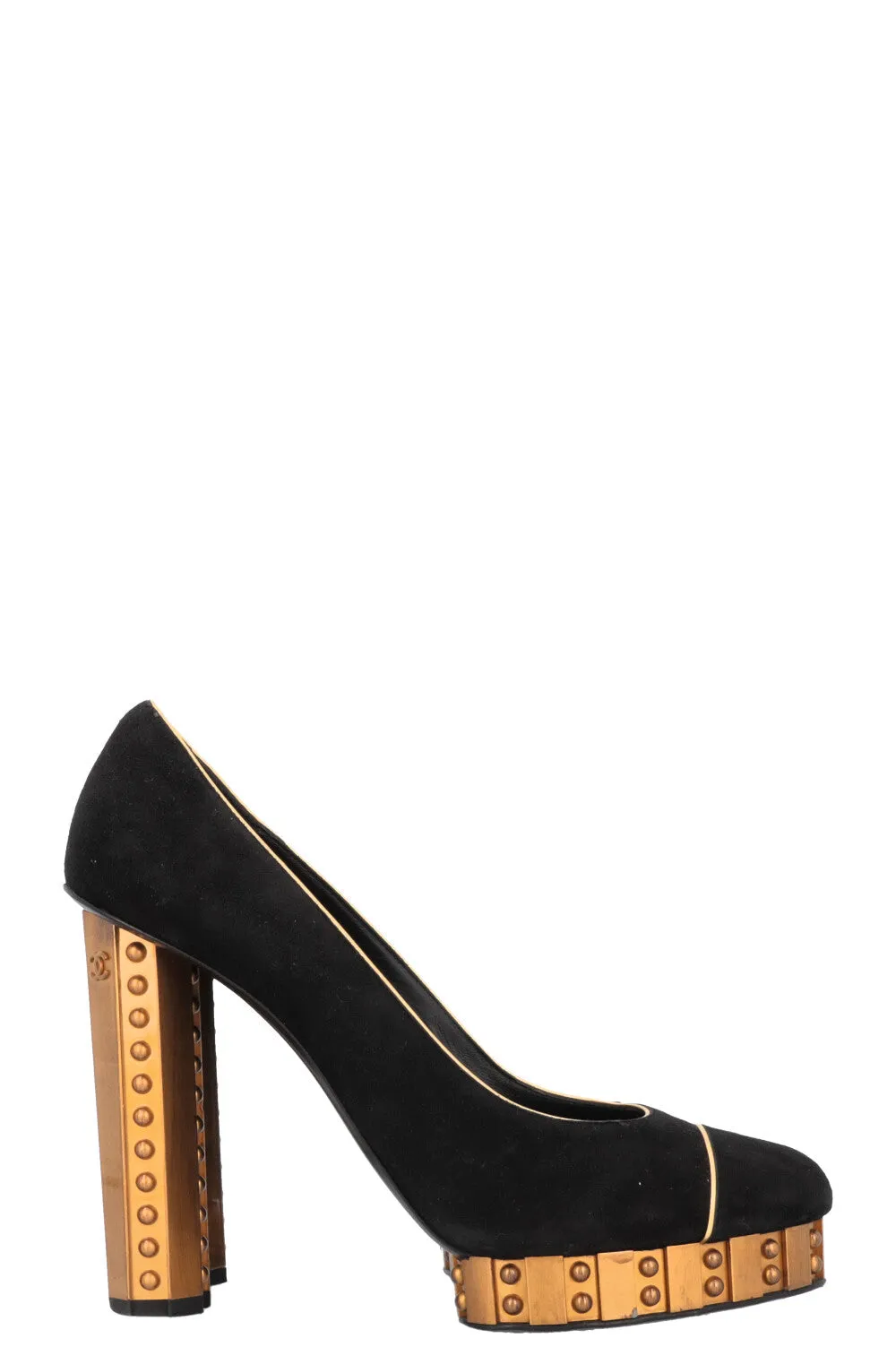 CHANEL Platform Gold Trim Suede Pumps Black