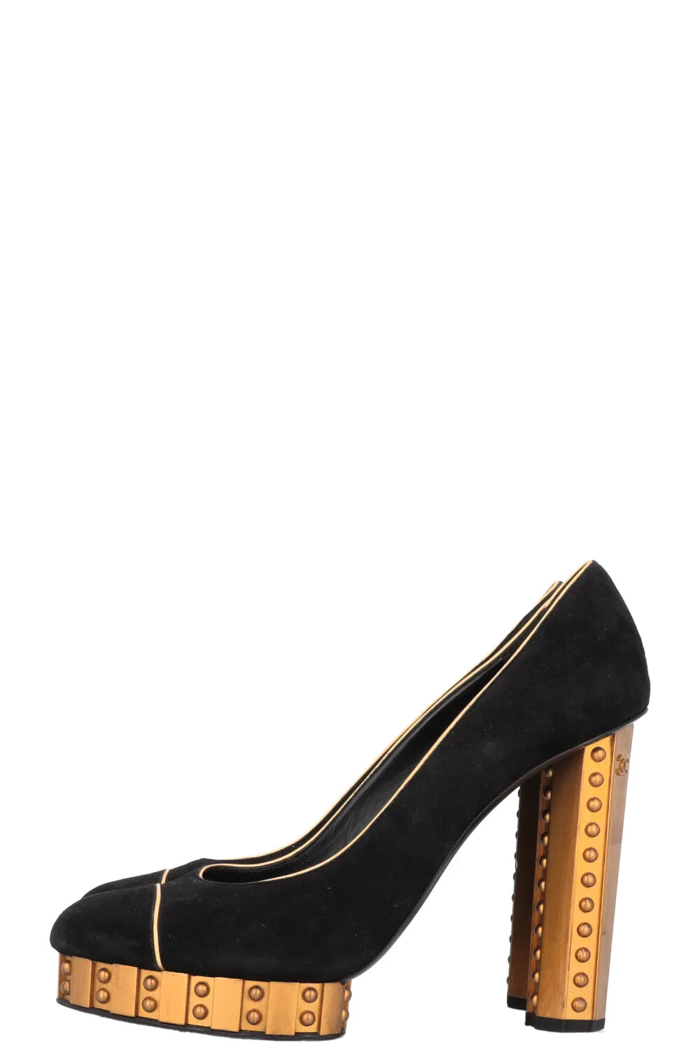 CHANEL Platform Gold Trim Suede Pumps Black