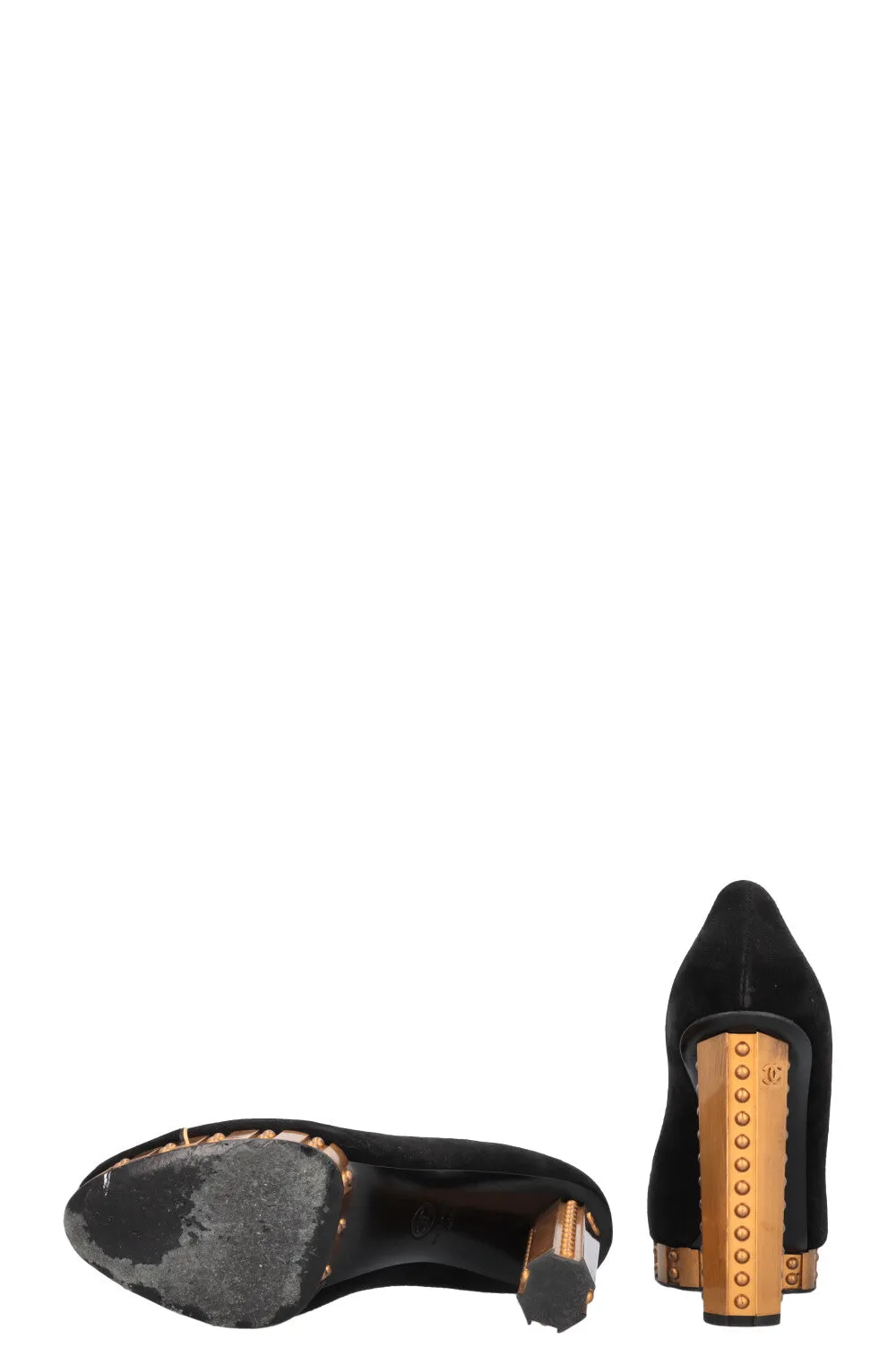 CHANEL Platform Gold Trim Suede Pumps Black