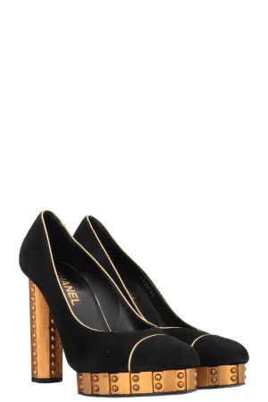 CHANEL Platform Gold Trim Suede Pumps Black