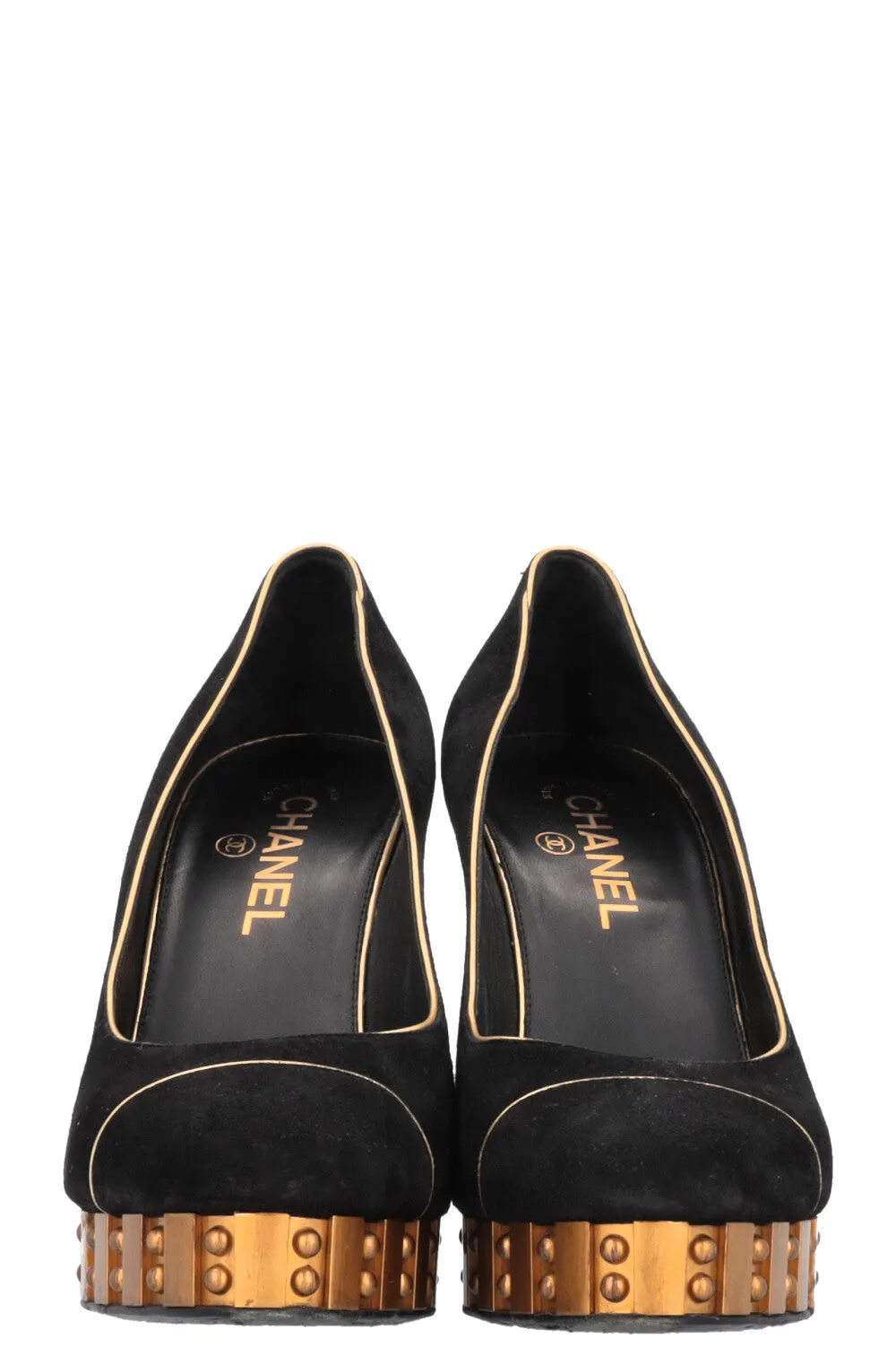 CHANEL Platform Gold Trim Suede Pumps Black