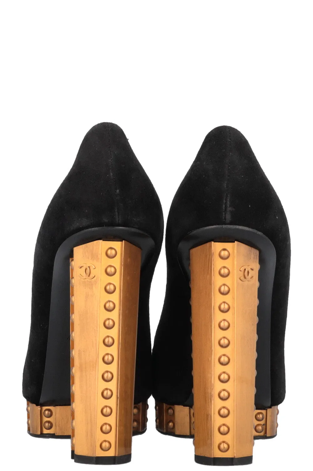 CHANEL Platform Gold Trim Suede Pumps Black