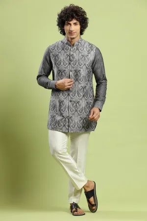 Charcoal Black Kurta With Paisley Print Bandi Jacket Set