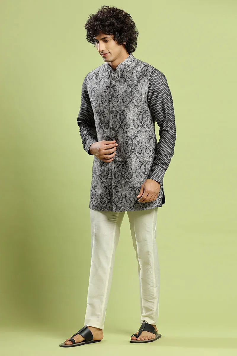 Charcoal Black Kurta With Paisley Print Bandi Jacket Set