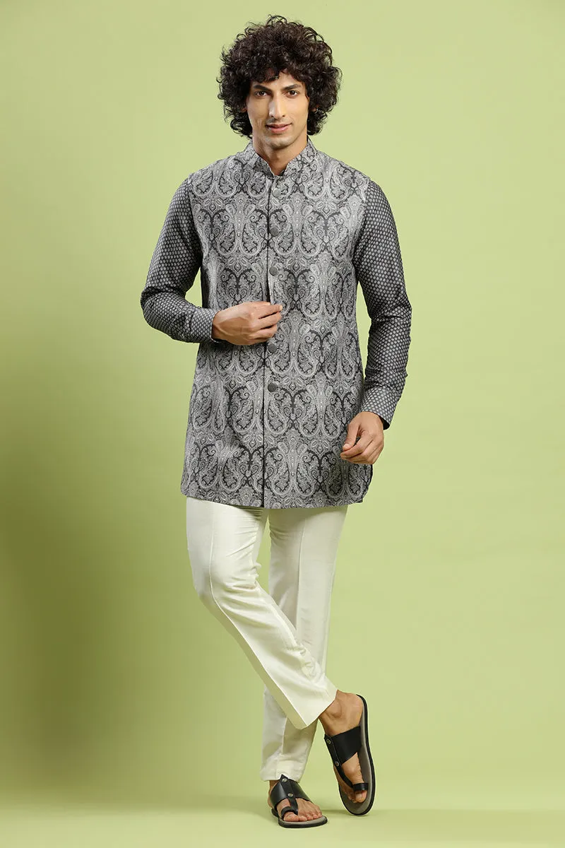 Charcoal Black Kurta With Paisley Print Bandi Jacket Set