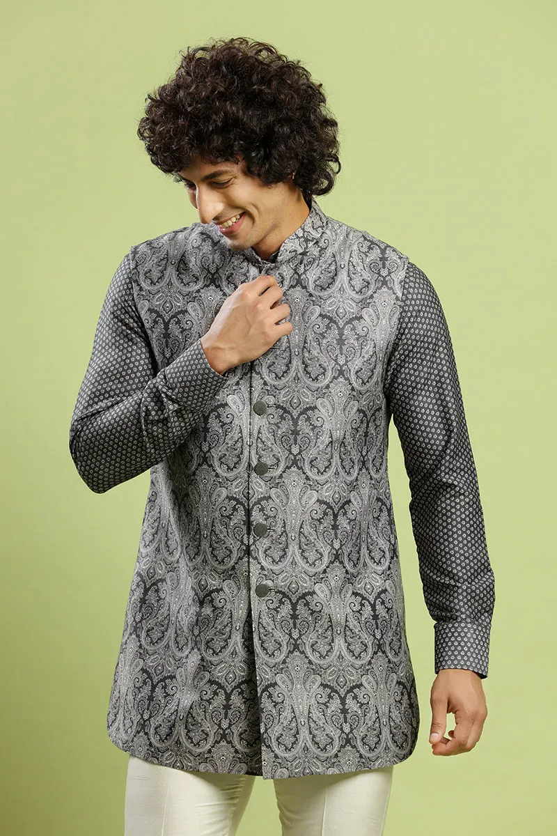 Charcoal Black Kurta With Paisley Print Bandi Jacket Set