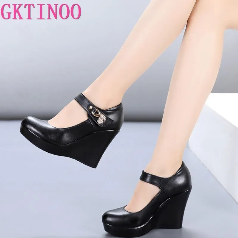 Chic Black Cow Leather High Heel Wedges for Women