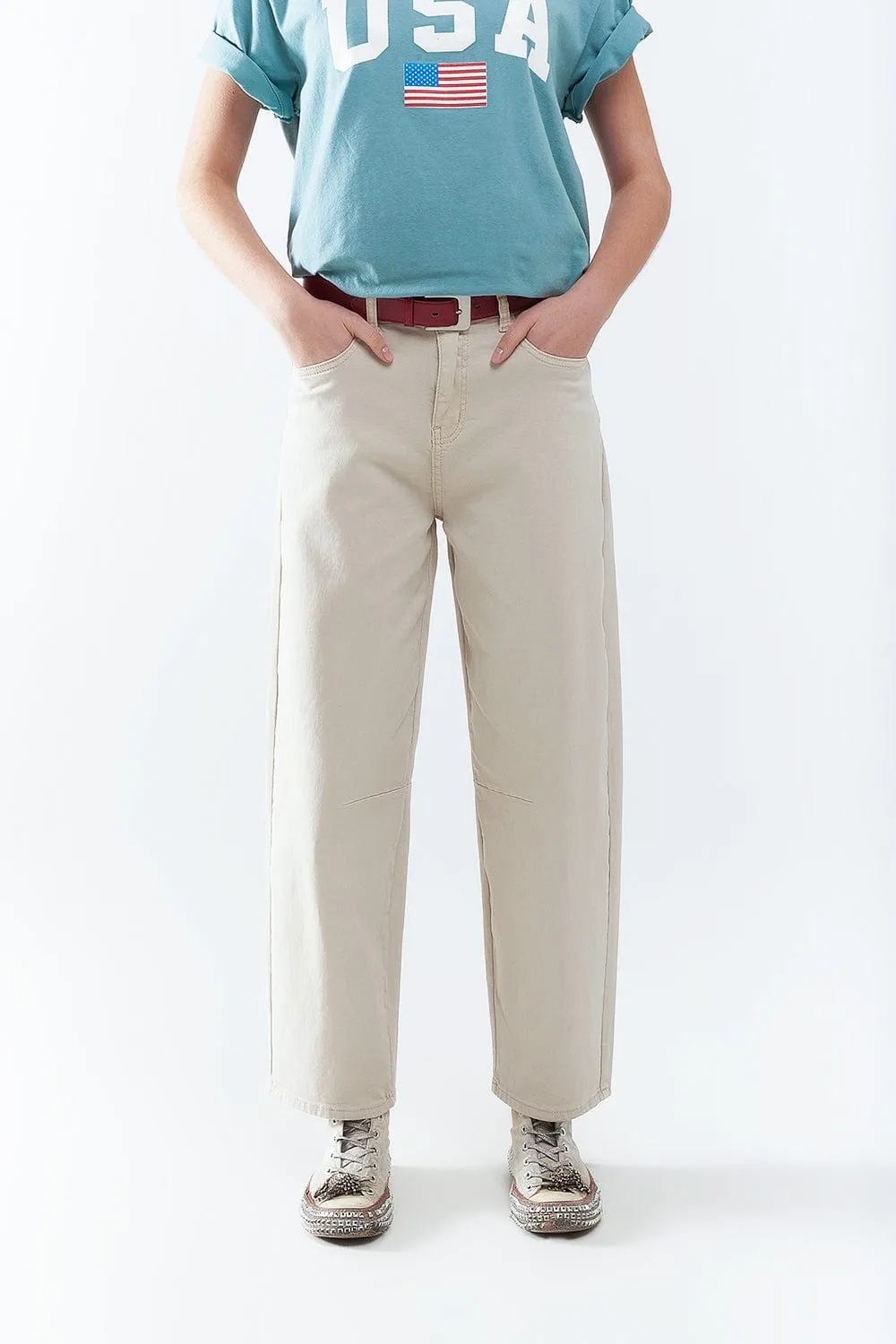 Comfortable Stretch Jeans With Barrel Leg In Beige