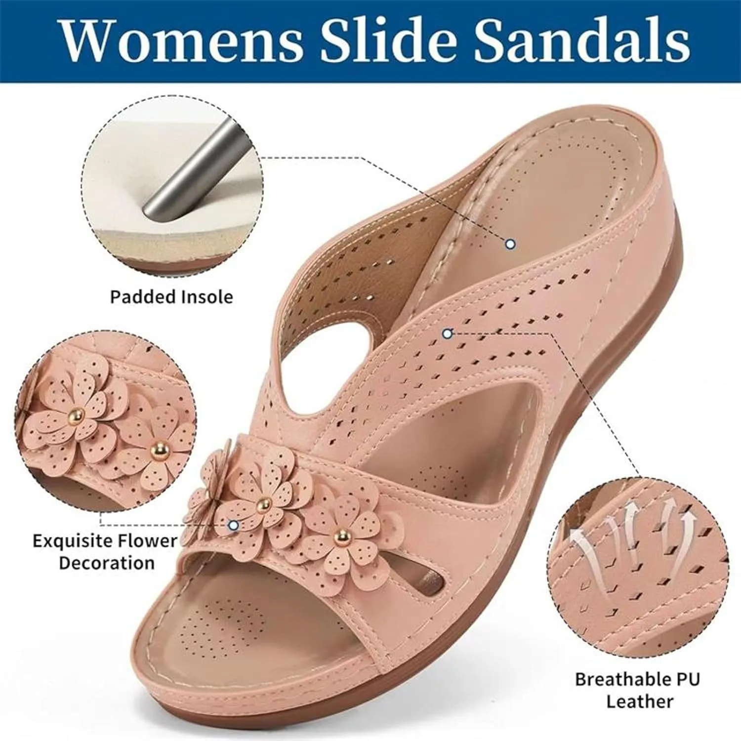Eduavar Womens Sandals Orthopedic Slide Flat with Arch Support Lightweight Soft Comfort Summer Beach Slip On Walking Slippers