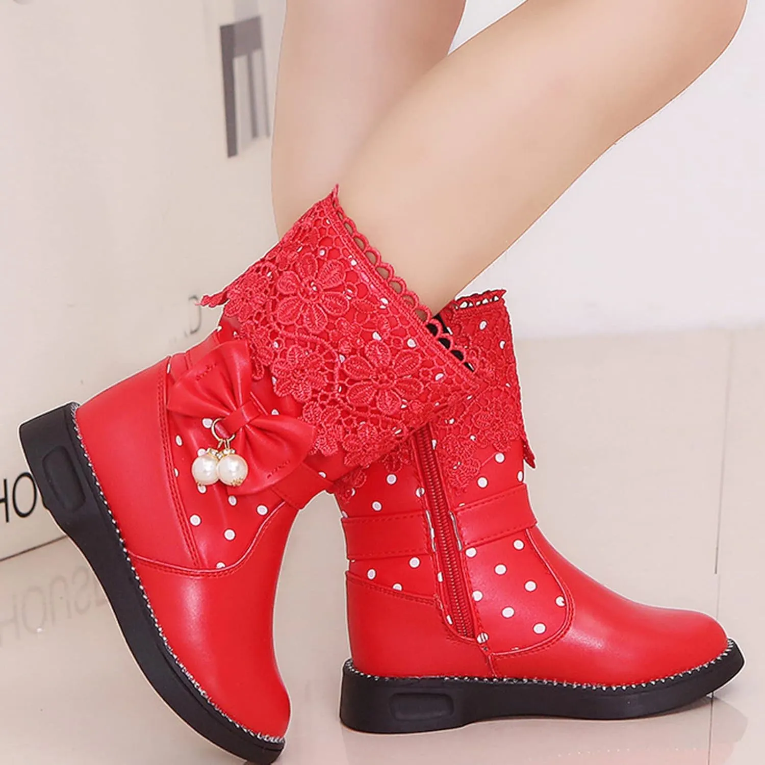 EnJoCho Toddler Girls Winter Boots Girls High Top Shoes Fashion Flowers Plus Velvet Warm Boots (Red, 4-4.5 Years Little Child)