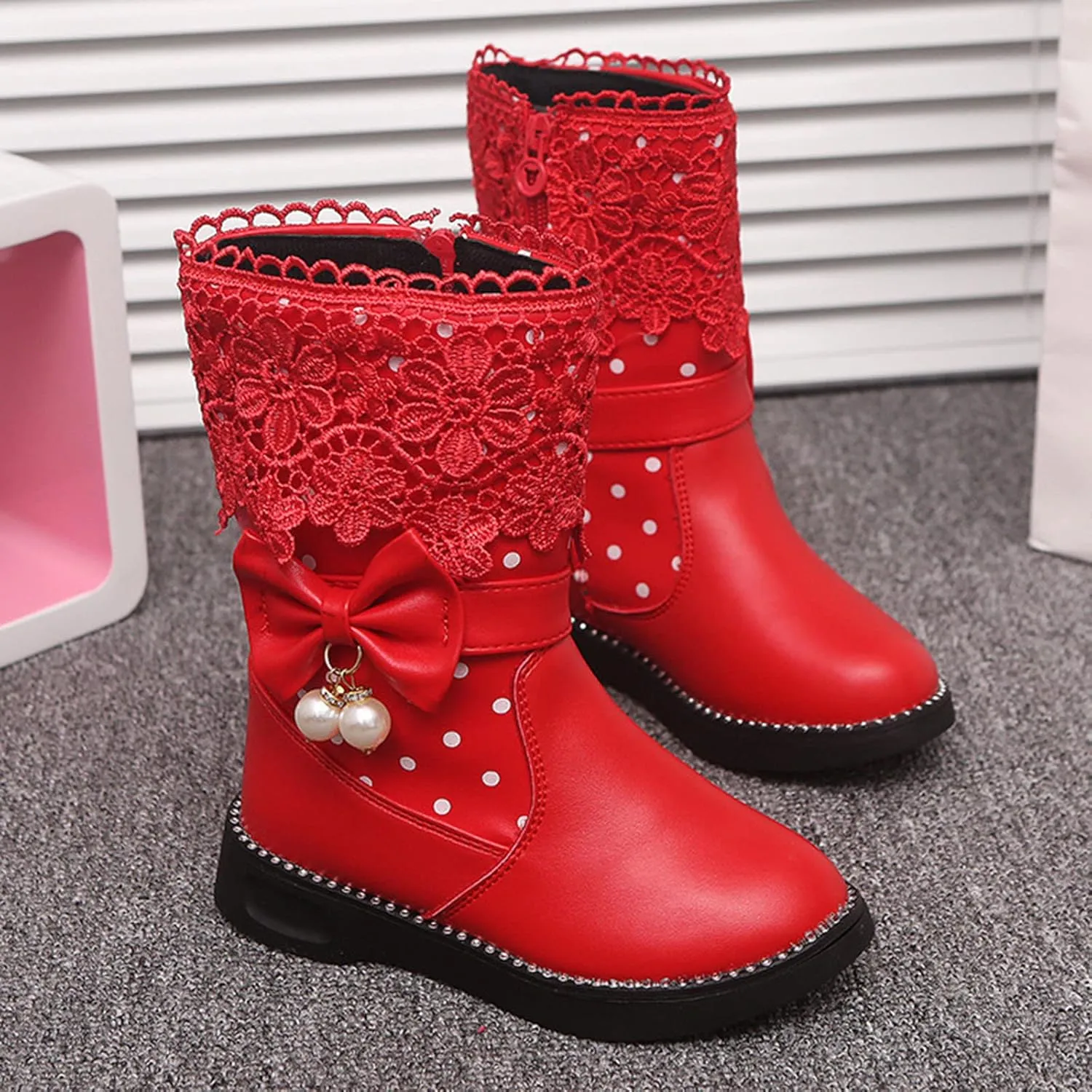 EnJoCho Toddler Girls Winter Boots Girls High Top Shoes Fashion Flowers Plus Velvet Warm Boots (Red, 4-4.5 Years Little Child)