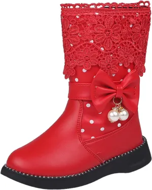 EnJoCho Toddler Girls Winter Boots Girls High Top Shoes Fashion Flowers Plus Velvet Warm Boots (Red, 4-4.5 Years Little Child)