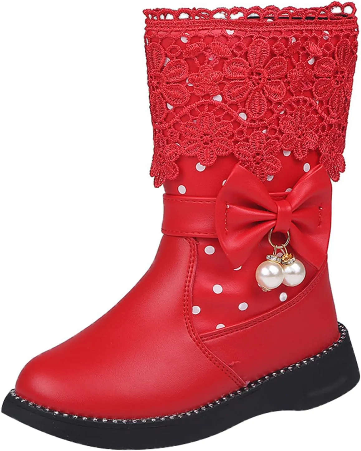 EnJoCho Toddler Girls Winter Boots Girls High Top Shoes Fashion Flowers Plus Velvet Warm Boots (Red, 4-4.5 Years Little Child)