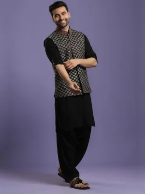 Jet Black Kurta Salwar Set With Embroidered Bandi Jacket