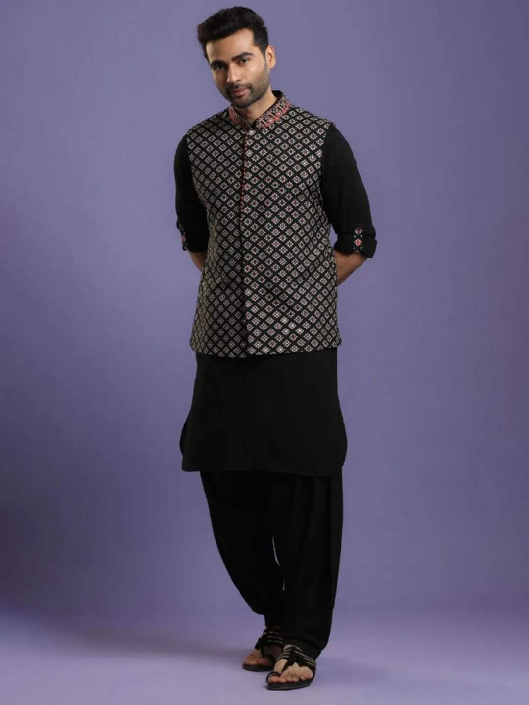 Jet Black Kurta Salwar Set With Embroidered Bandi Jacket