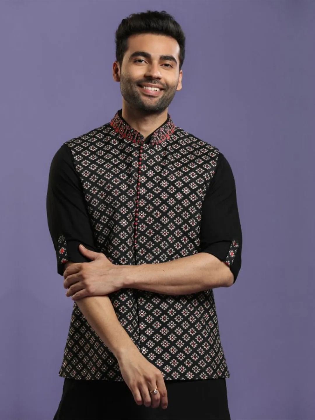 Jet Black Kurta Salwar Set With Embroidered Bandi Jacket