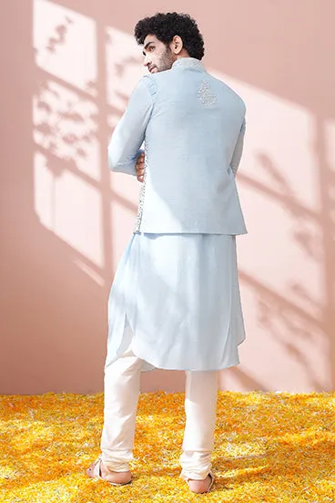 Jetstream Blue Cowl Kurta Set With Embellished Bandi Jacket Set