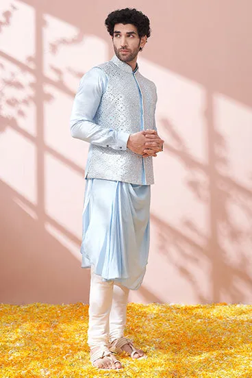 Jetstream Blue Cowl Kurta Set With Embellished Bandi Jacket Set