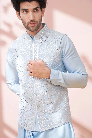 Jetstream Blue Cowl Kurta Set With Embellished Bandi Jacket Set