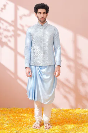 Jetstream Blue Cowl Kurta Set With Embellished Bandi Jacket Set