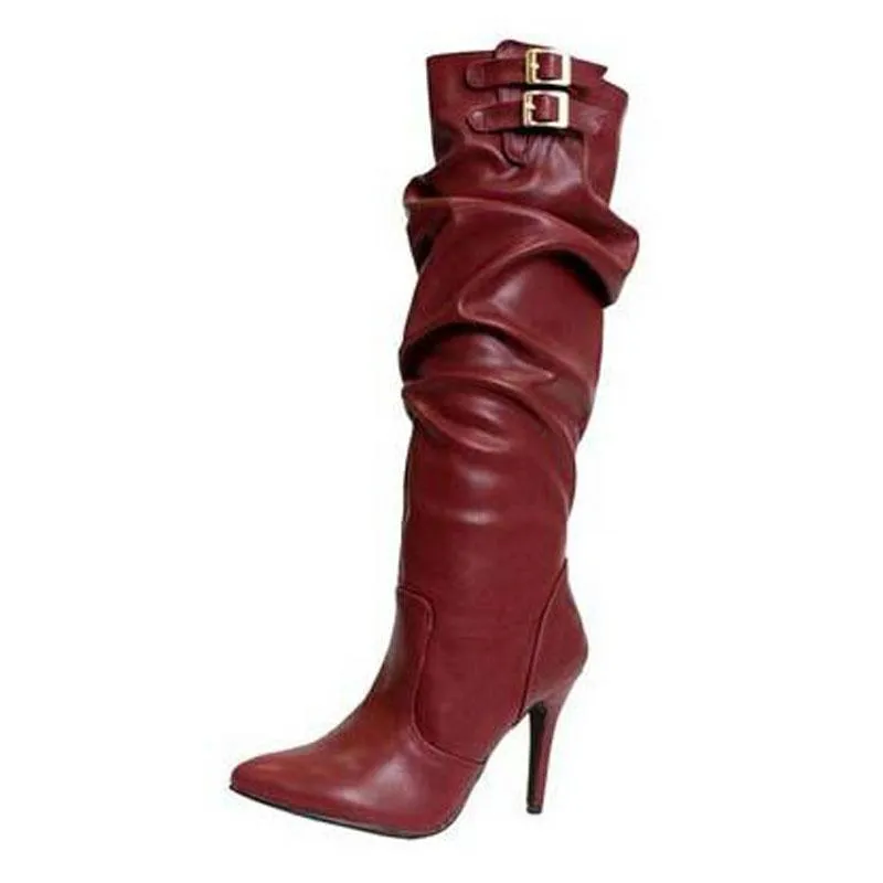 Leather Buckle Ruched High Heel Knee High Boots