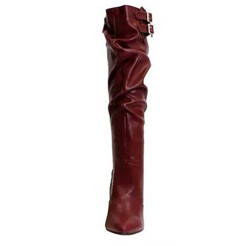 Leather Buckle Ruched High Heel Knee High Boots