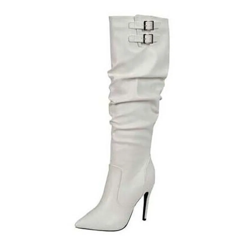 Leather Buckle Ruched High Heel Knee High Boots