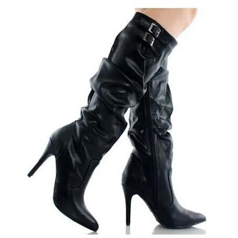 Leather Buckle Ruched High Heel Knee High Boots