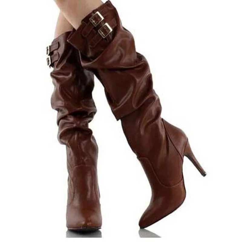 Leather Buckle Ruched High Heel Knee High Boots