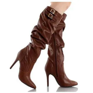 Leather Buckle Ruched High Heel Knee High Boots