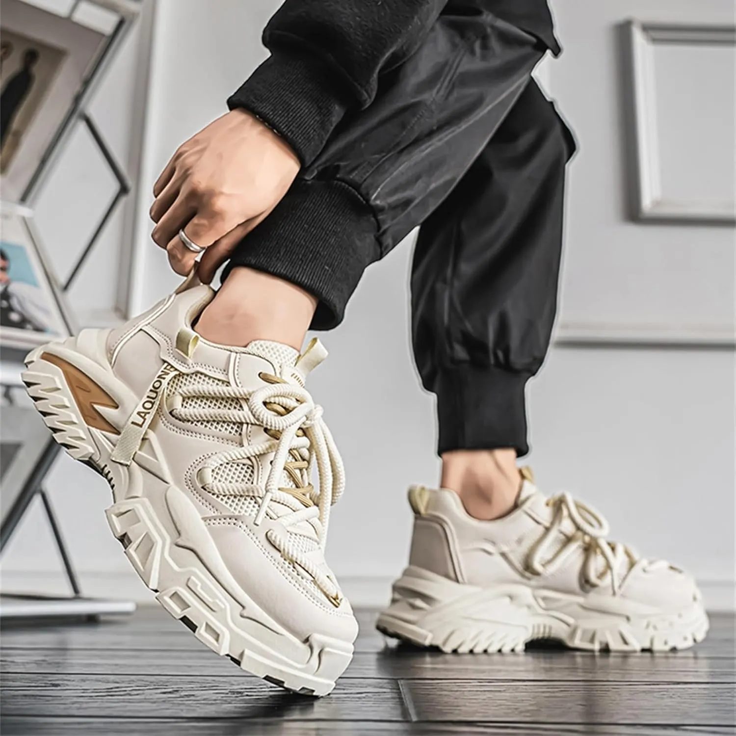 Leather Chunky Sneakers for Men Fashion Platform Casual Dad Shoes Comfortable Non-Slip Wedge Walking Sport Driving Workout Shoes