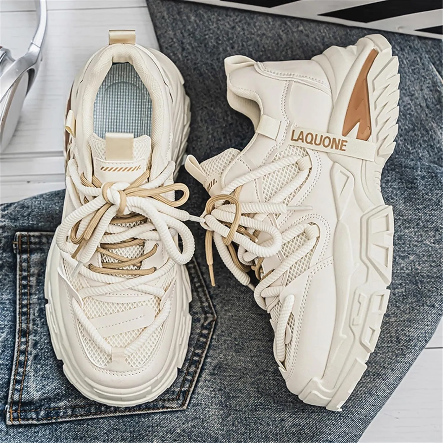 Leather Chunky Sneakers for Men Fashion Platform Casual Dad Shoes Comfortable Non-Slip Wedge Walking Sport Driving Workout Shoes