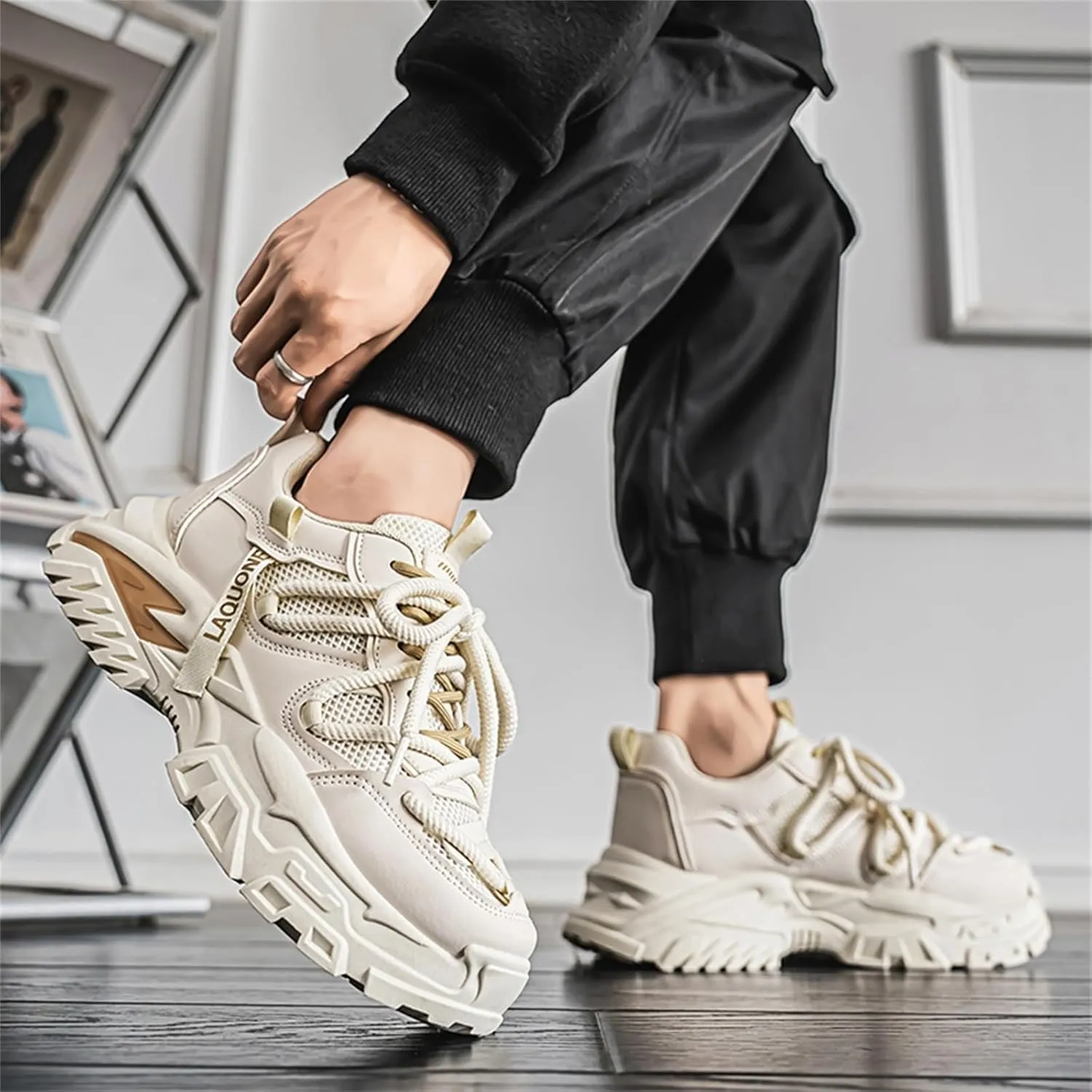 Leather Chunky Sneakers for Men Fashion Platform Casual Dad Shoes Comfortable Non-Slip Wedge Walking Sport Driving Workout Shoes