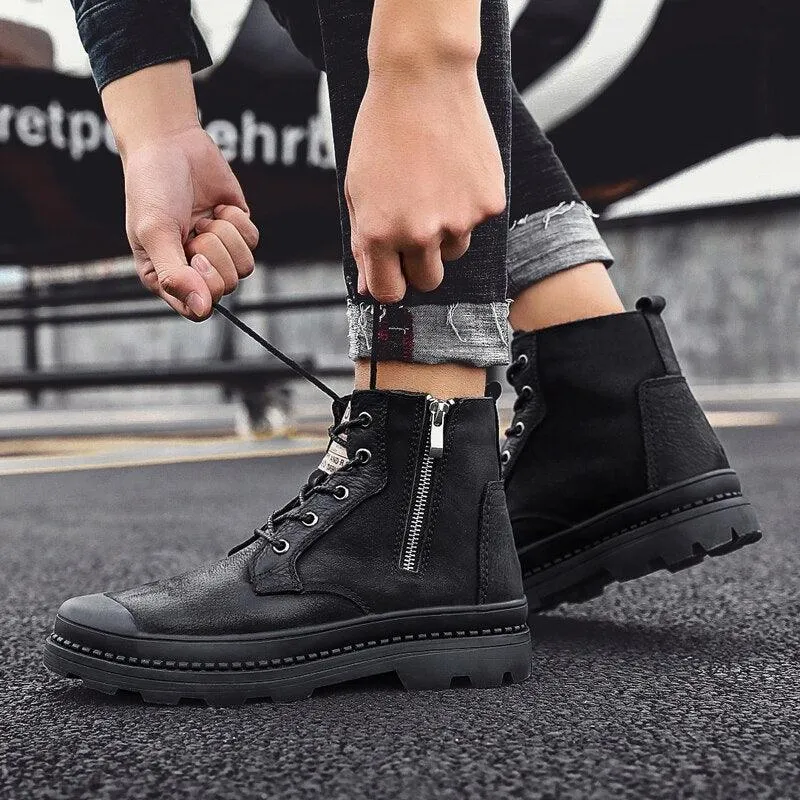Men's Genuine Leather High Top Zipper Boots