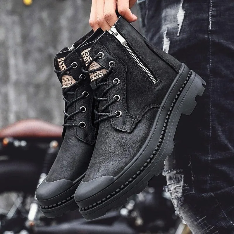 Men's Genuine Leather High Top Zipper Boots