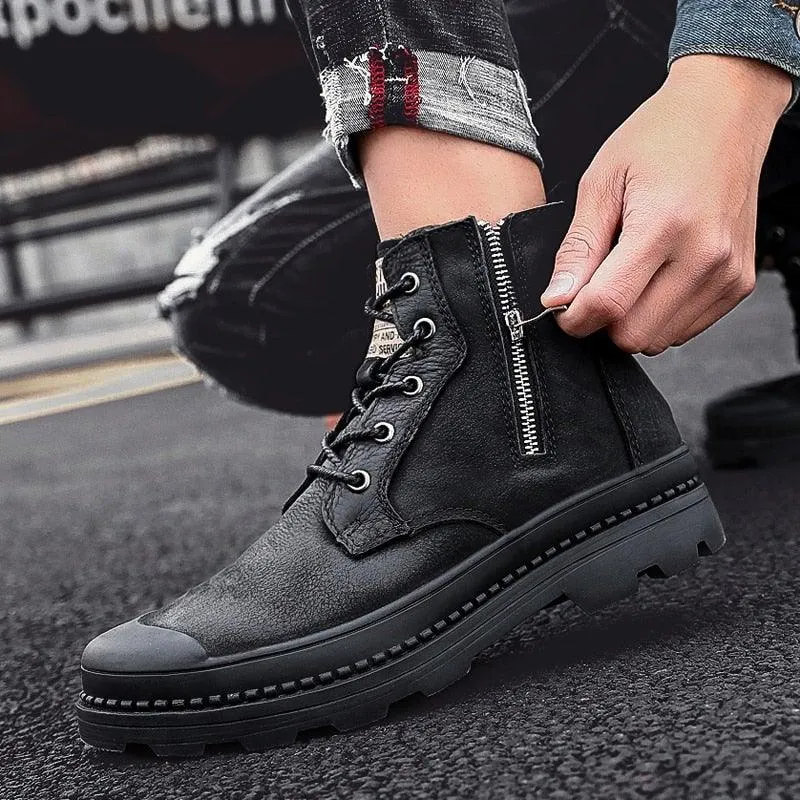 Men's Genuine Leather High Top Zipper Boots