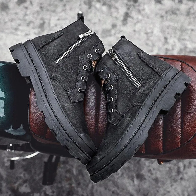 Men's Genuine Leather High Top Zipper Boots