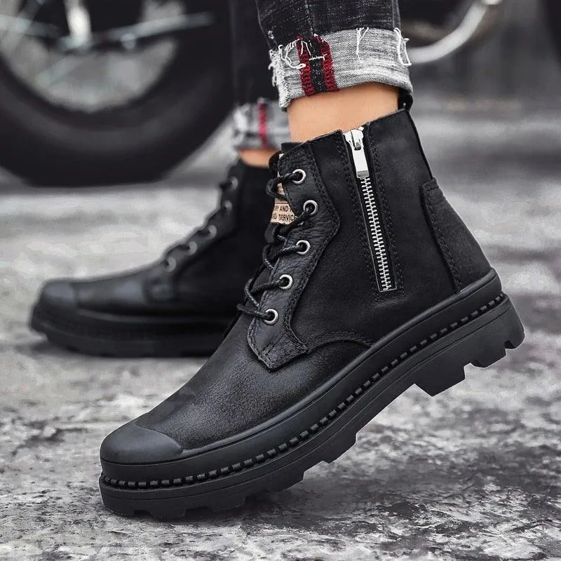 Men's Genuine Leather High Top Zipper Boots