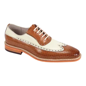 Men's Two-Tone Cognac and Cream Wingtip Genuine Leather Dress Shoes