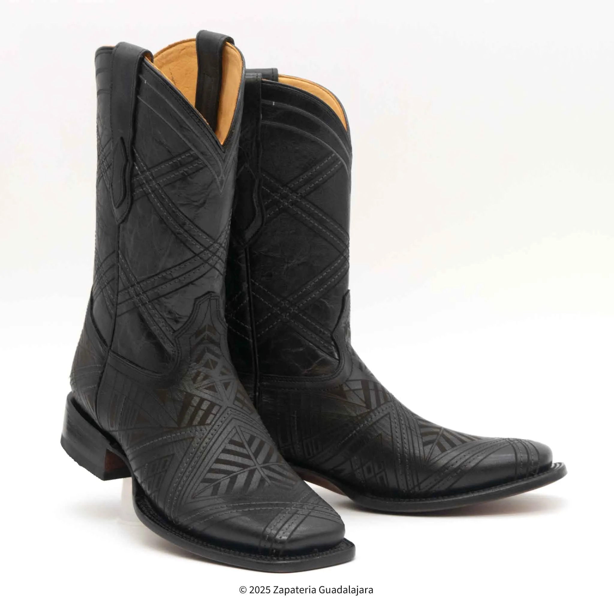 MEN'S WIDE SQUARE TOE LASER ENGRAVED BLACK LEATHER BOOT - H52R2605