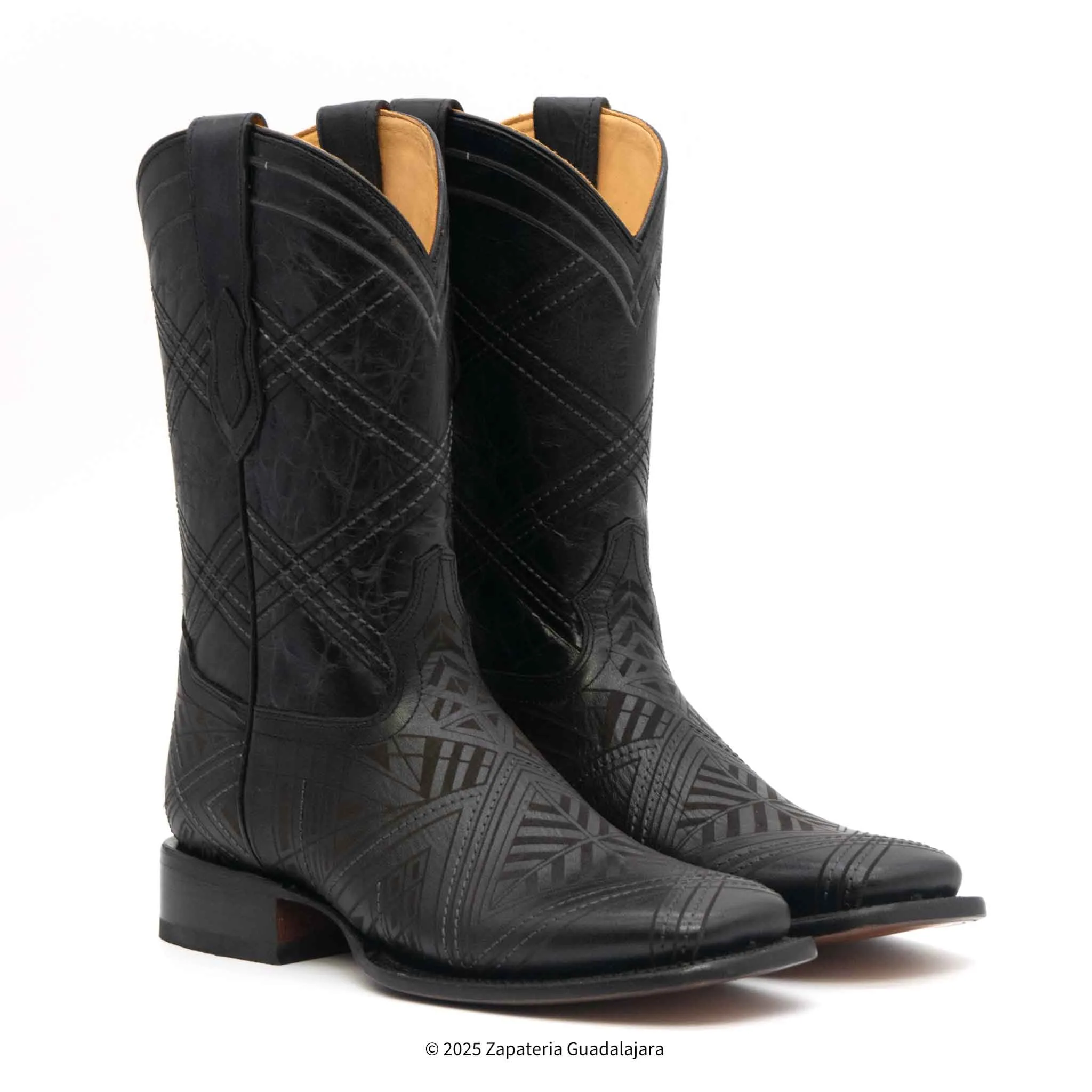MEN'S WIDE SQUARE TOE LASER ENGRAVED BLACK LEATHER BOOT - H52R2605