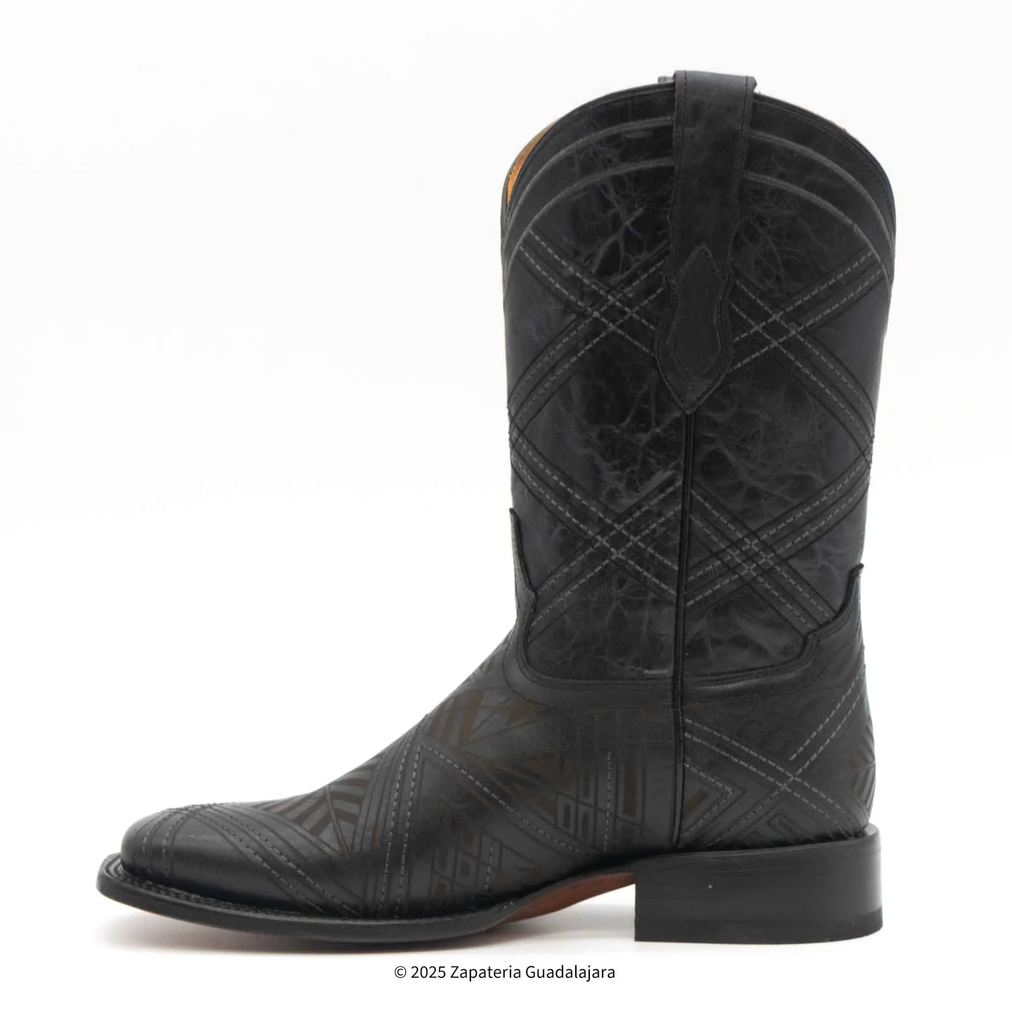MEN'S WIDE SQUARE TOE LASER ENGRAVED BLACK LEATHER BOOT - H52R2605