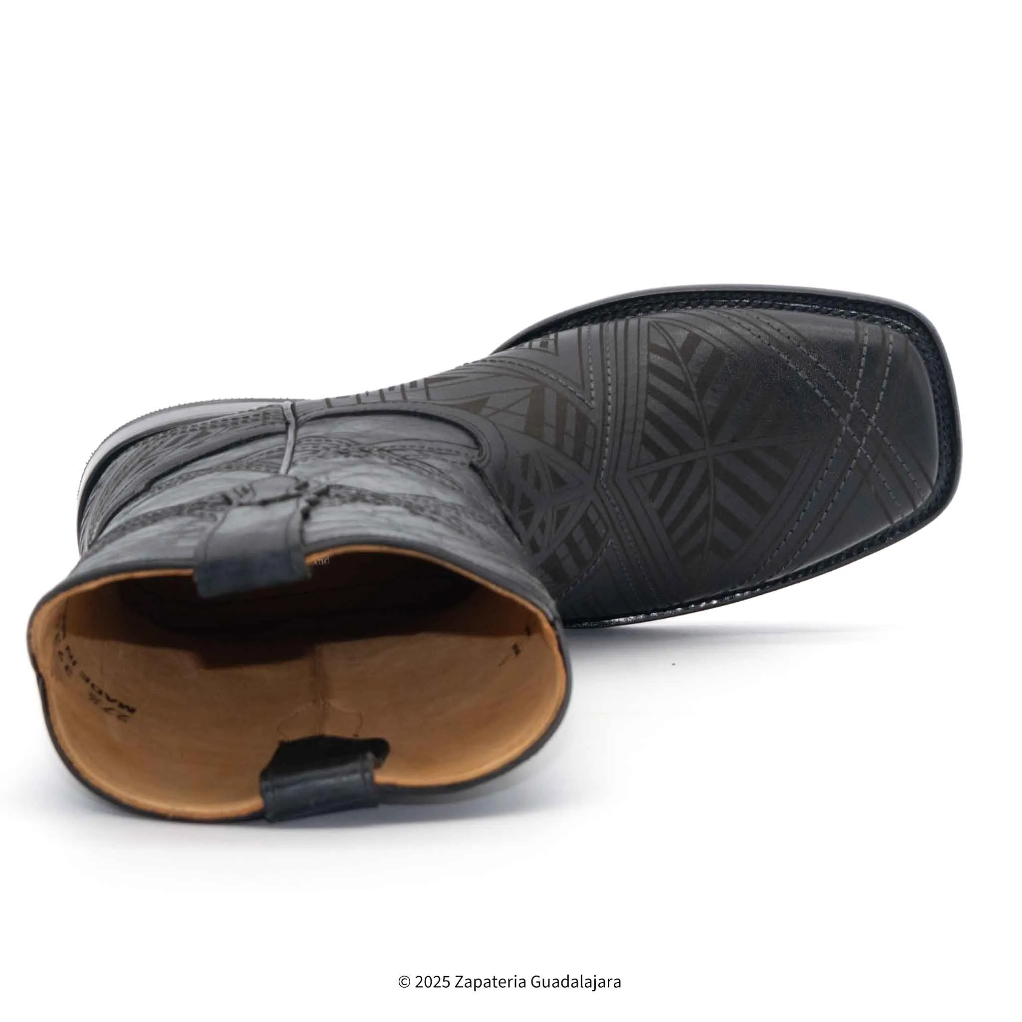 MEN'S WIDE SQUARE TOE LASER ENGRAVED BLACK LEATHER BOOT - H52R2605